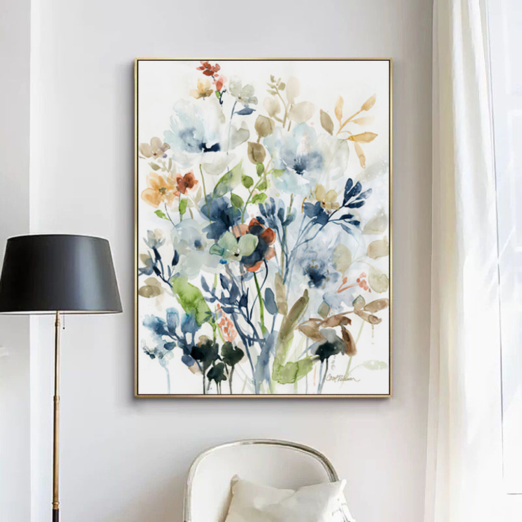 A vibrant 50cmx70cm Colourful Floras Watercolour canvas art piece framed in an elegant gold frame, showcasing beautiful floral designs.