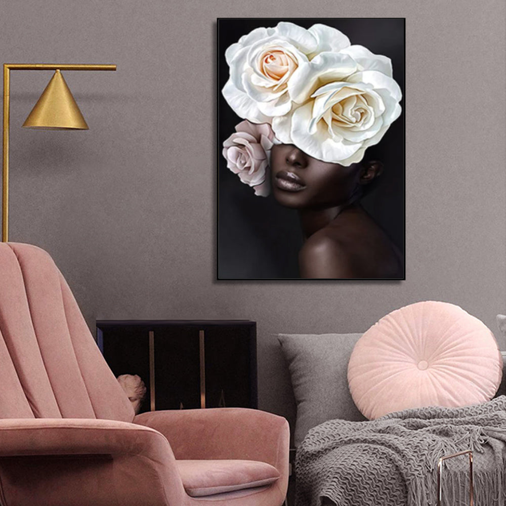 50cmx70cm Flower African Woman Canvas Wall Art in a black frame, showcasing vibrant colors and a unique floating effect.