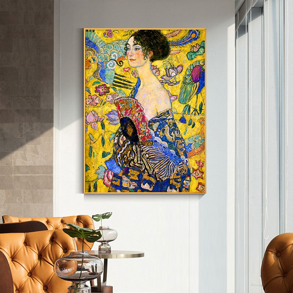 50cmx70cm canvas wall art featuring Klimt's Lady With A Fan, elegantly framed in gold with a floating effect.