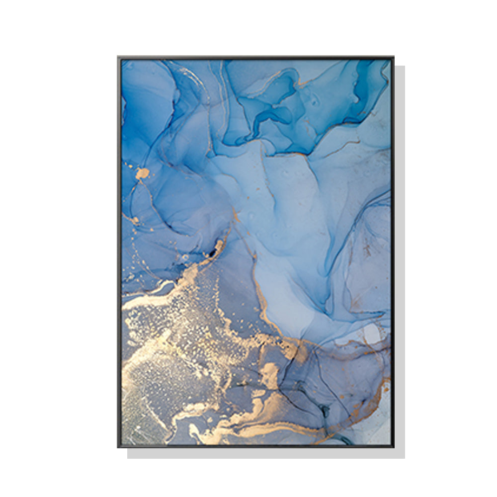 A 50cmx70cm canvas wall art featuring light blue marble with gold splashes, framed in a sleek black frame, ready to hang.