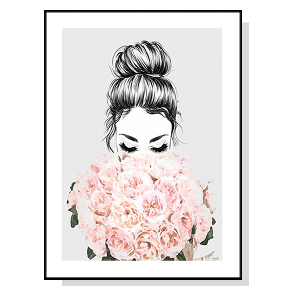50cmx70cm canvas wall art featuring a girl surrounded by roses in a black frame, showcasing vibrant colors and a floating effect.