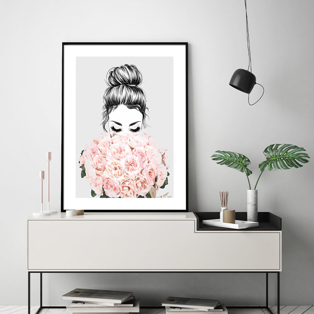 50cmx70cm canvas wall art featuring a girl surrounded by roses in a black frame, showcasing vibrant colors and a floating effect.