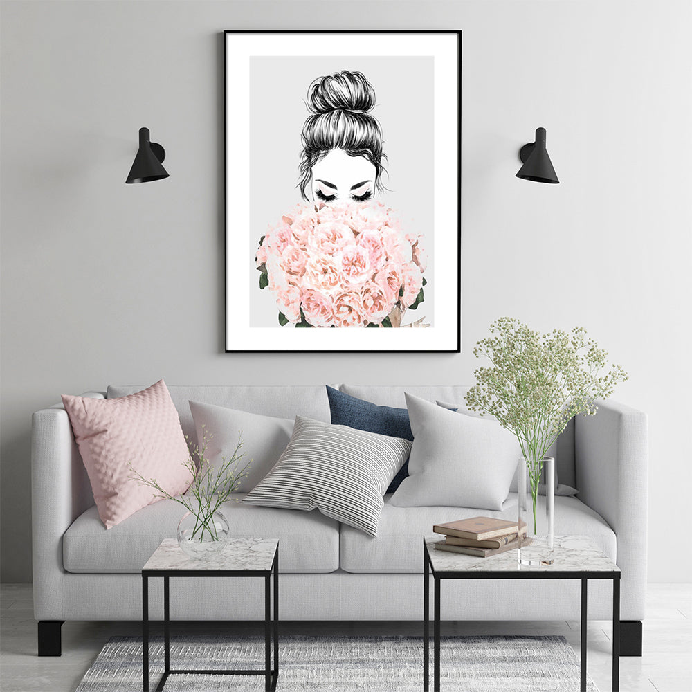 50cmx70cm canvas wall art featuring a girl surrounded by roses in a black frame, showcasing vibrant colors and a floating effect.