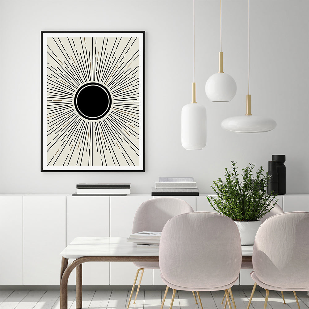 50cmx70cm Sun Rise Art in a black frame, showcasing vibrant colors and a modern floating design.