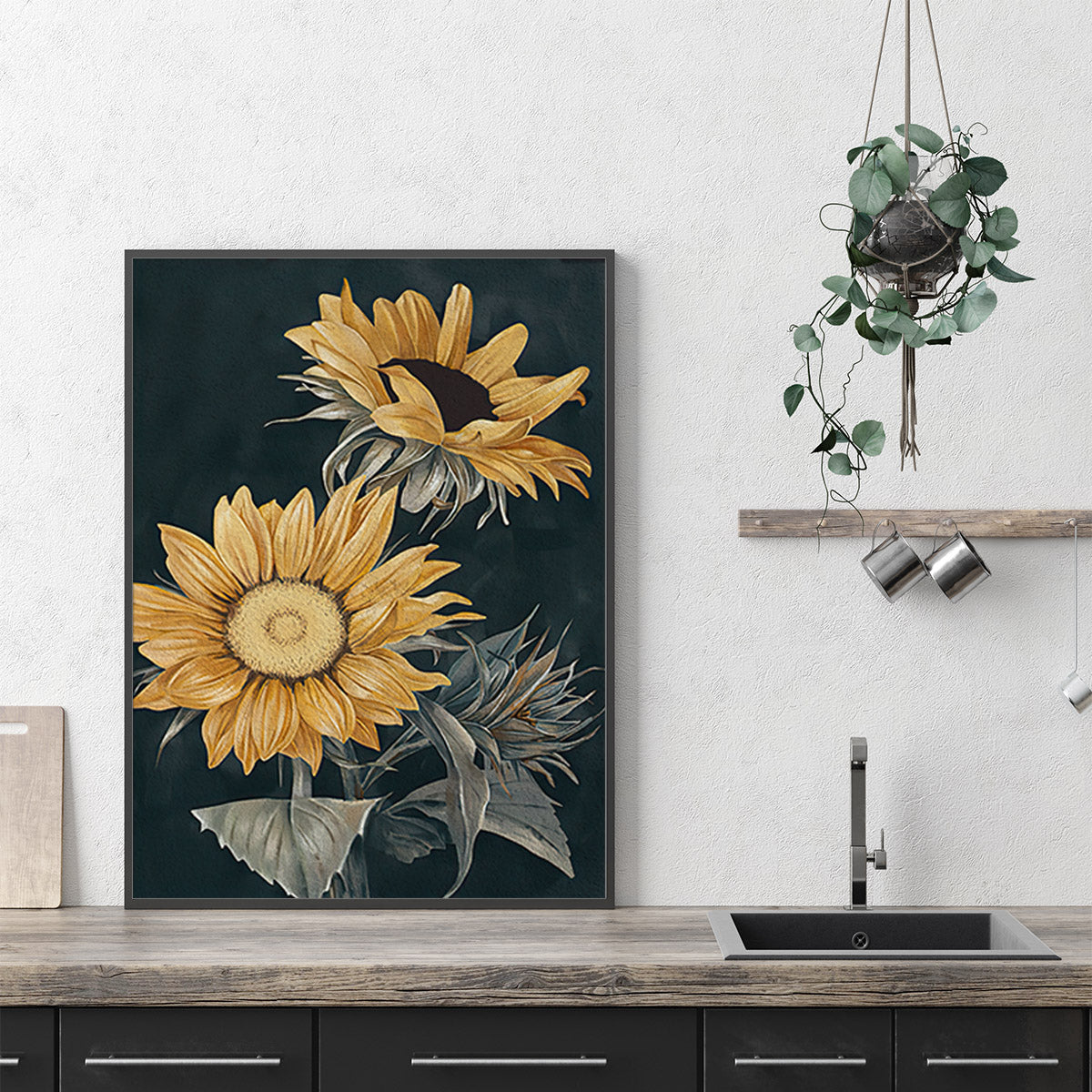 50cmx70cm canvas wall art featuring vibrant sunflowers in a black frame, ready to hang.