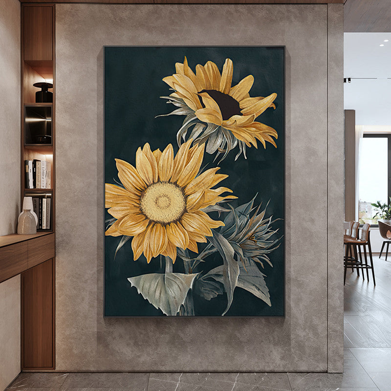 50cmx70cm canvas wall art featuring vibrant sunflowers in a black frame, ready to hang.