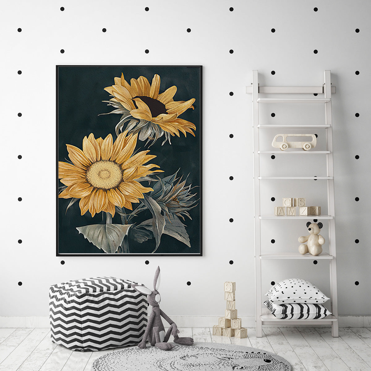 50cmx70cm canvas wall art featuring vibrant sunflowers in a black frame, ready to hang.