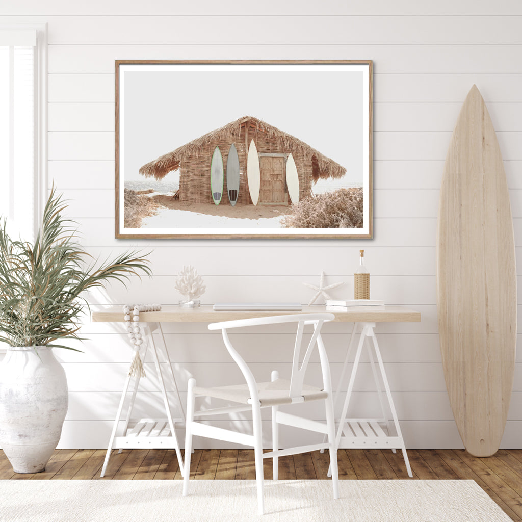 50cmx70cm Surf Cabin Canvas Wall Art in a wooden frame, showcasing vibrant colors and a modern floating design.
