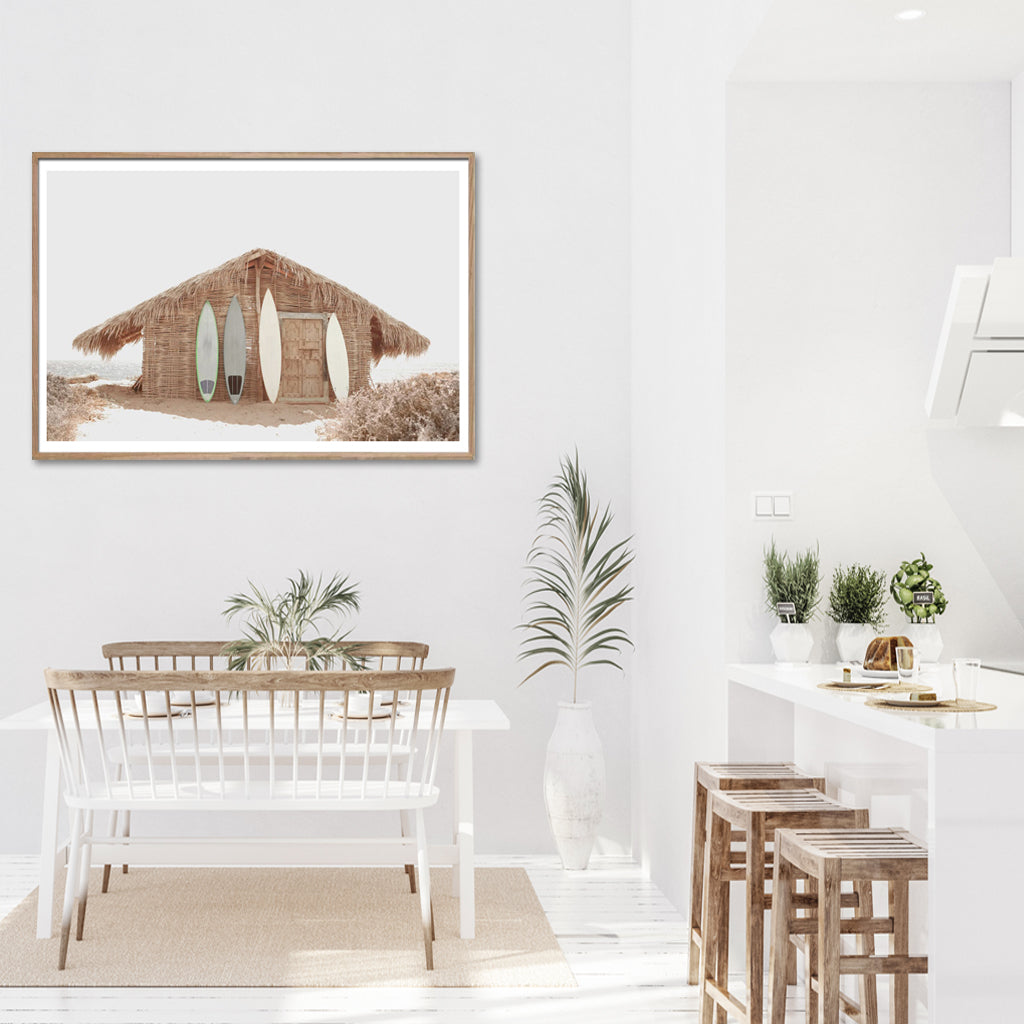 50cmx70cm Surf Cabin Canvas Wall Art in a wooden frame, showcasing vibrant colors and a modern floating design.