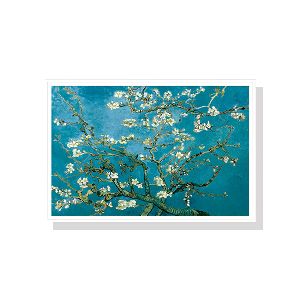 50cmx70cm Van Gogh Almond Blossom canvas wall art in a white floating frame, showcasing vibrant colors and intricate details.