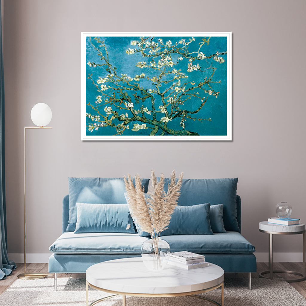 50cmx70cm Van Gogh Almond Blossom canvas wall art in a white floating frame, showcasing vibrant colors and intricate details.