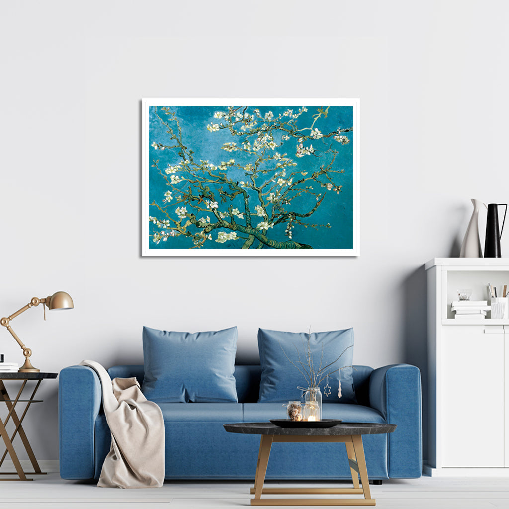 50cmx70cm Van Gogh Almond Blossom canvas wall art in a white floating frame, showcasing vibrant colors and intricate details.
