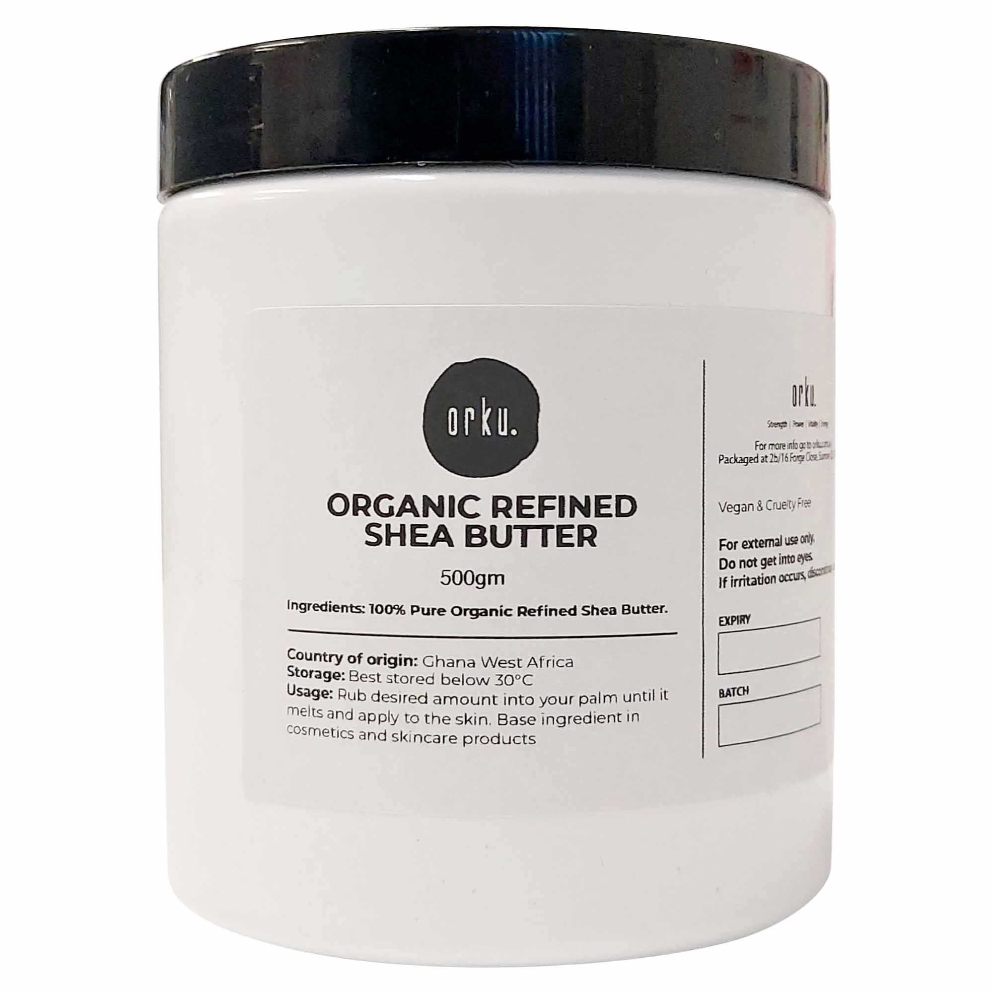 500g jar of refined organic Shea butter, pure white in color, showcasing its creamy texture and high-quality packaging.