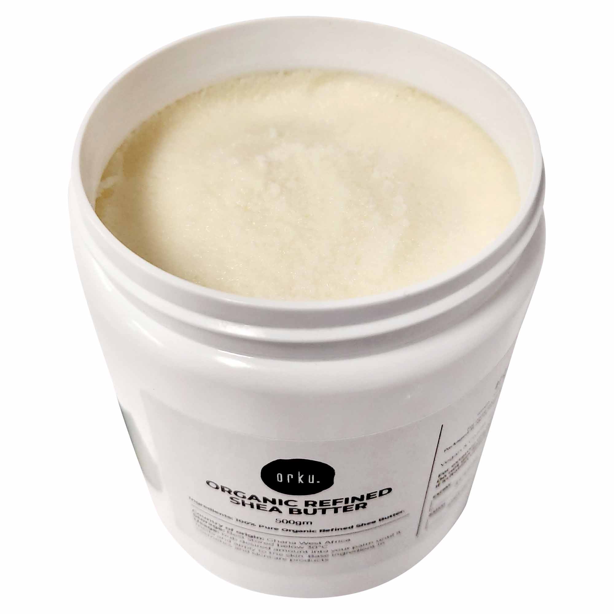 500g jar of refined organic Shea butter, pure white in color, showcasing its creamy texture and high-quality packaging.