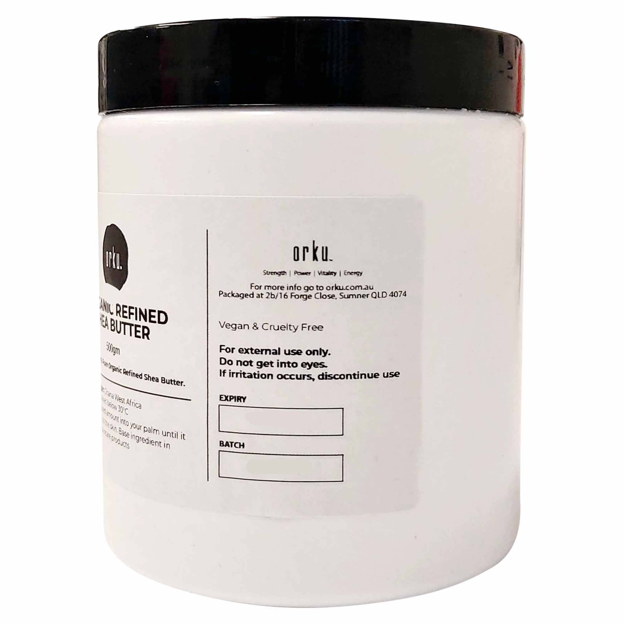 500g jar of refined organic Shea butter, pure white in color, showcasing its creamy texture and high-quality packaging.