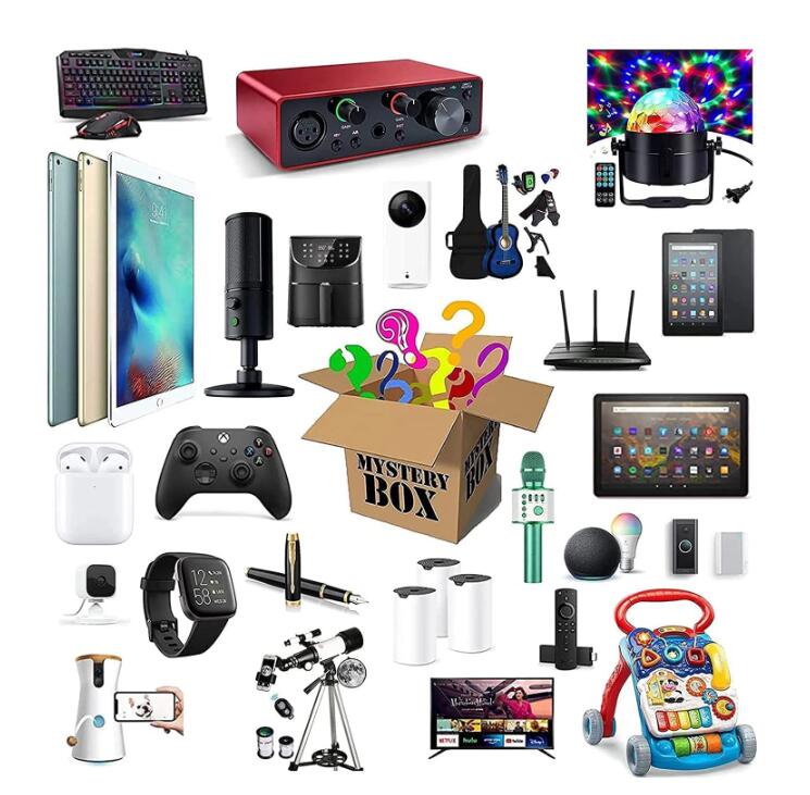 A colorful assortment of mystery boxes filled with random home appliances and gadgets, showcasing the excitement of surprise gifts.