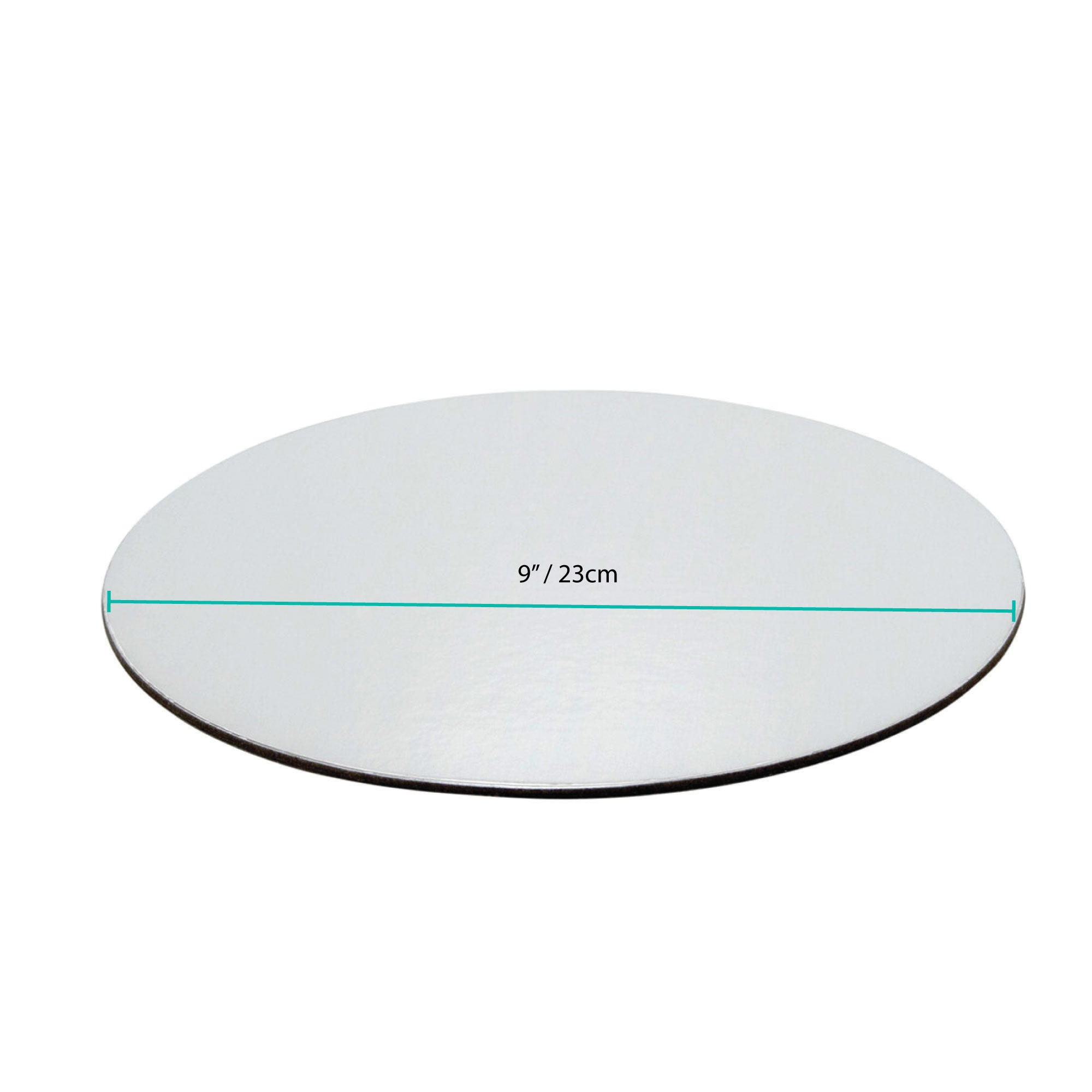 50 round silver reusable aluminium cake boards, 9 inches in diameter, perfect for elegant cake presentation.
