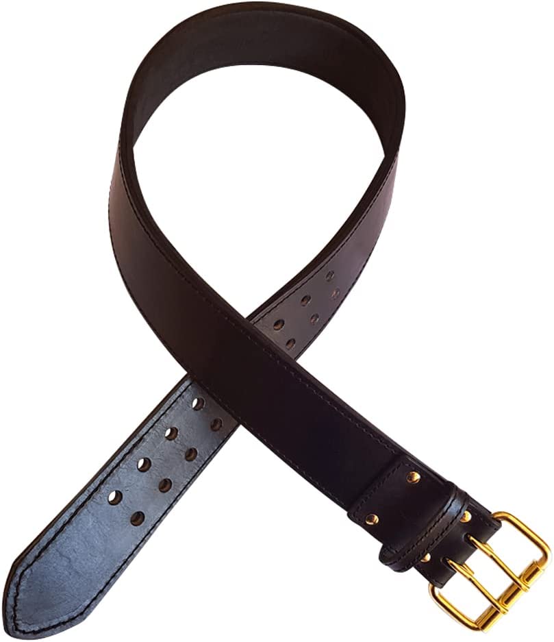 A 5.8 cm wide genuine full grain heavy cowhide leather belt featuring EVA padding, gold color plated hardware, and a rust-resistant double tongue buckle.