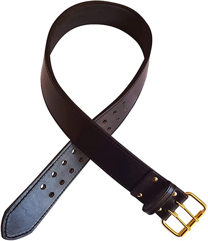 A sturdy 5.8 cm wide genuine full grain heavy cowhide leather working belt with gold color plating hardware and a rust resistant double tongue buckle.