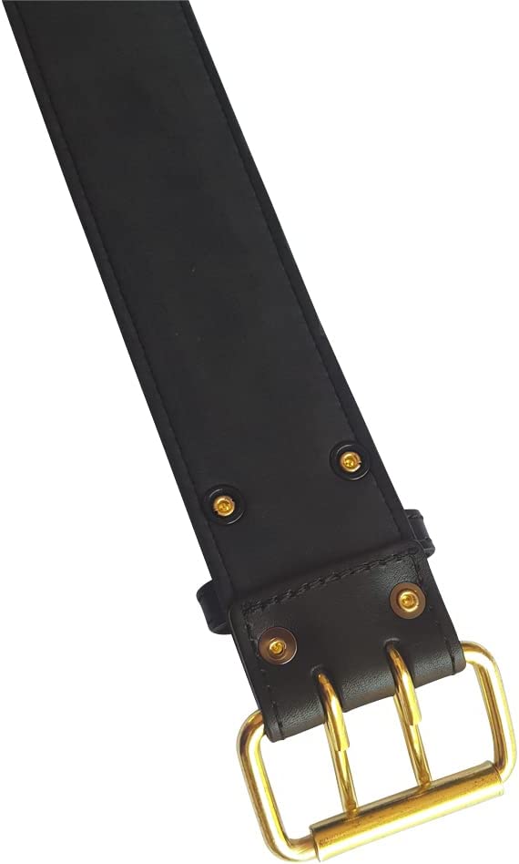 A sturdy 5.8 cm wide genuine full grain heavy cowhide leather working belt with gold color plating hardware and a rust resistant double tongue buckle.