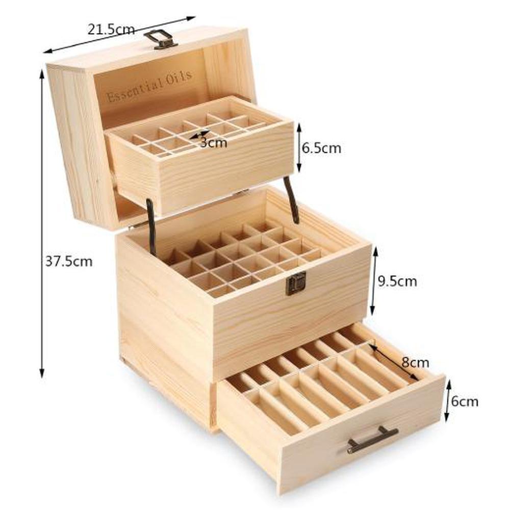Wooden 3-tier essential oils storage box with 59 slots for 5ml, 10ml, and 15ml bottles, featuring a natural finish and compact design.