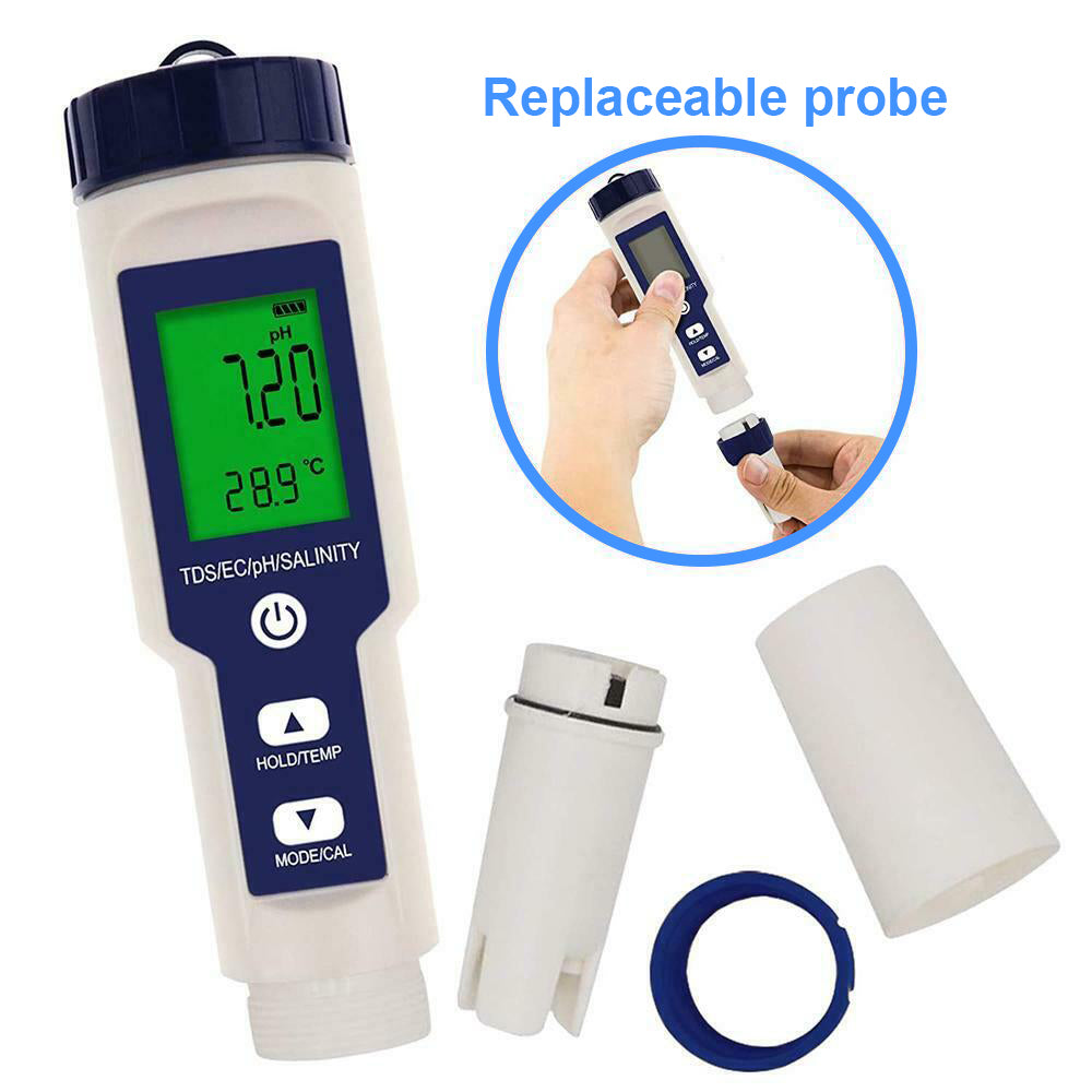 5-IN-1 Digital Water Quality Tester displaying pH, TDS, EC, temperature, and salinity measurements in a waterproof design.