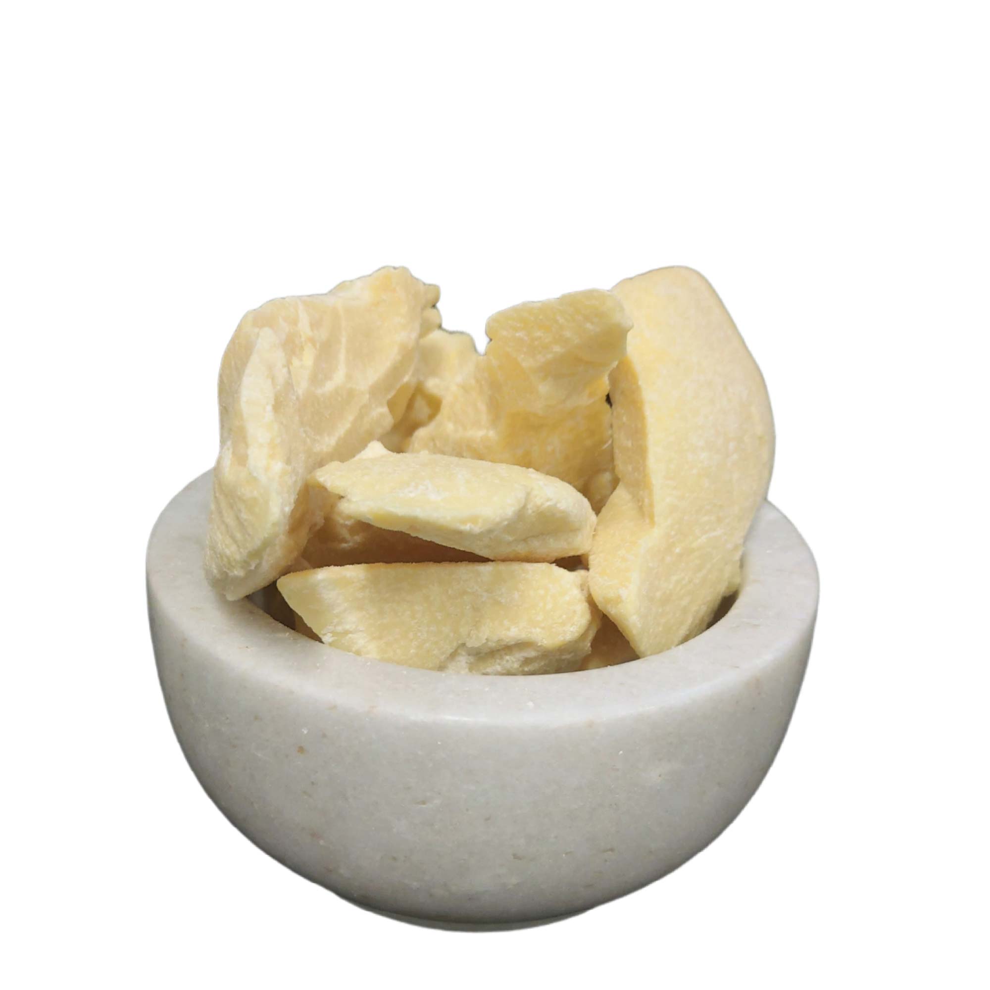 5Kg Organic Cocoa Butter chunks in a resealable bag, showcasing their yellow color and natural texture, perfect for skin and body care.