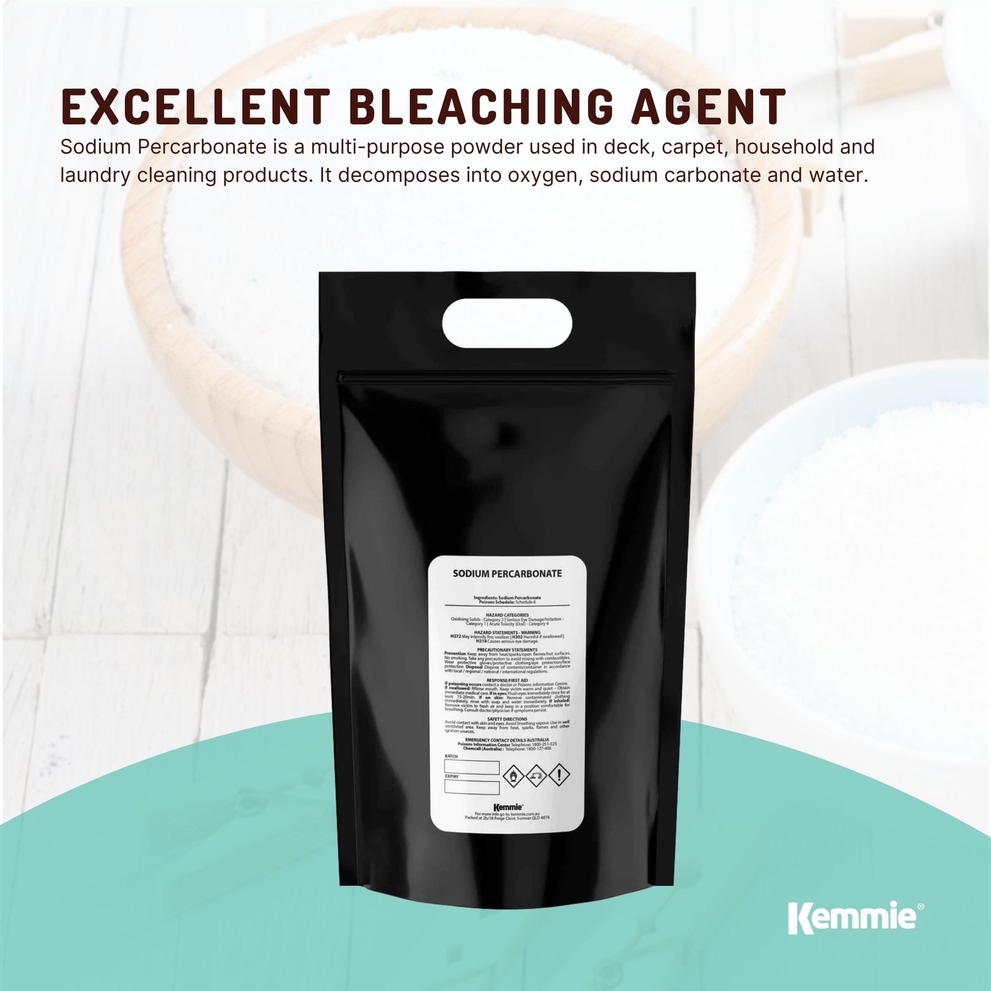 5Kg Sodium Percarbonate in a resealable bucket, a versatile eco-friendly laundry cleaner and sanitiser, ideal for stain removal and deodorising.