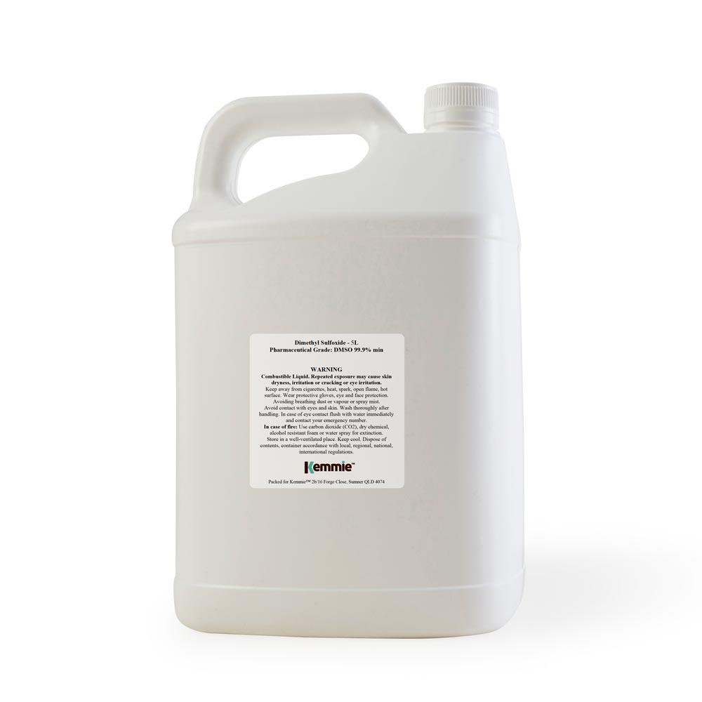 5L bottle of 99.9% Pure DMSO Liquid Dimethyl Sulfoxide, clear and colorless liquid, pharmaceutical grade.