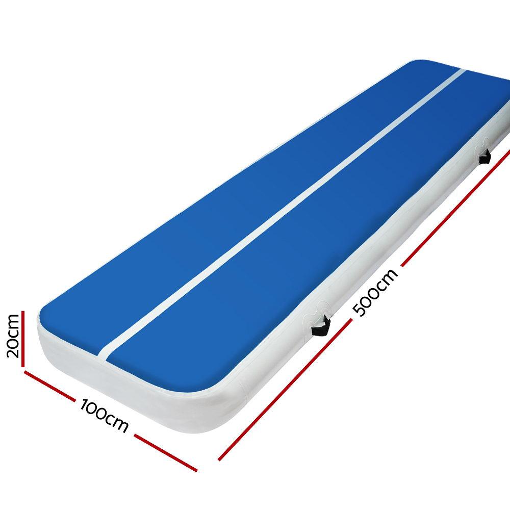 5m x 1m inflatable air track mat in blue and white, showcasing its thick design and durable fabric, ideal for gymnastics and tumbling.