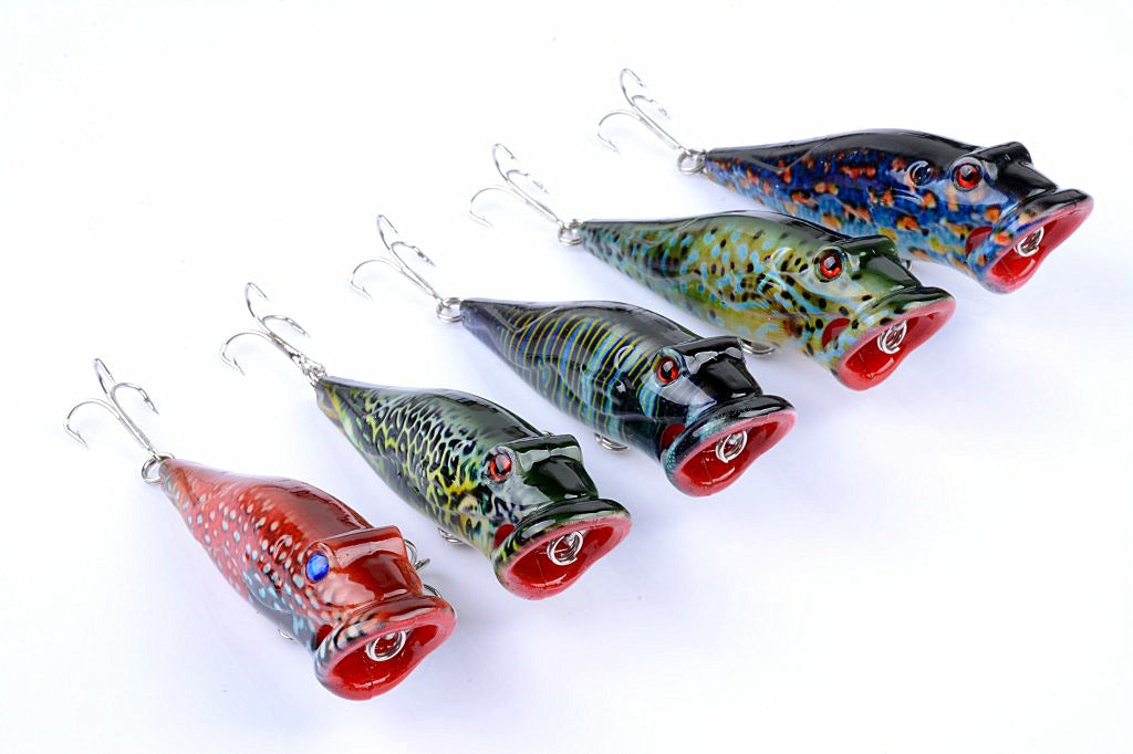 Five colorful 8cm popper fishing lures with sharp hooks, designed for effective surface fishing in both saltwater and freshwater.