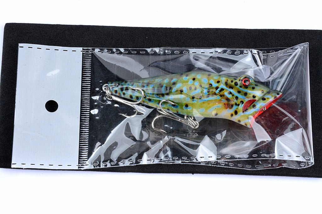Five colorful 8cm popper fishing lures with sharp hooks, designed for effective surface fishing in both saltwater and freshwater.