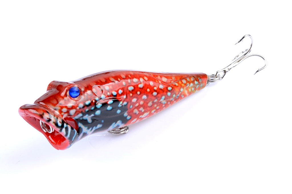 Five colorful 8cm popper fishing lures with sharp hooks, designed for effective surface fishing in both saltwater and freshwater.