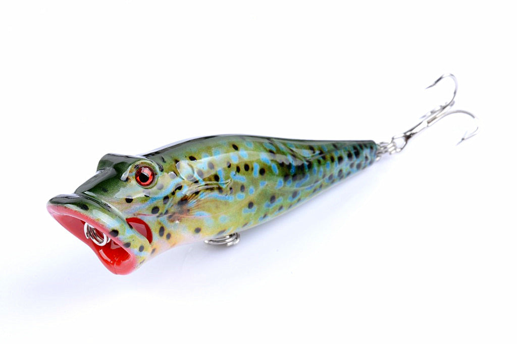 Five colorful 8cm popper fishing lures with sharp hooks, designed for effective surface fishing in both saltwater and freshwater.