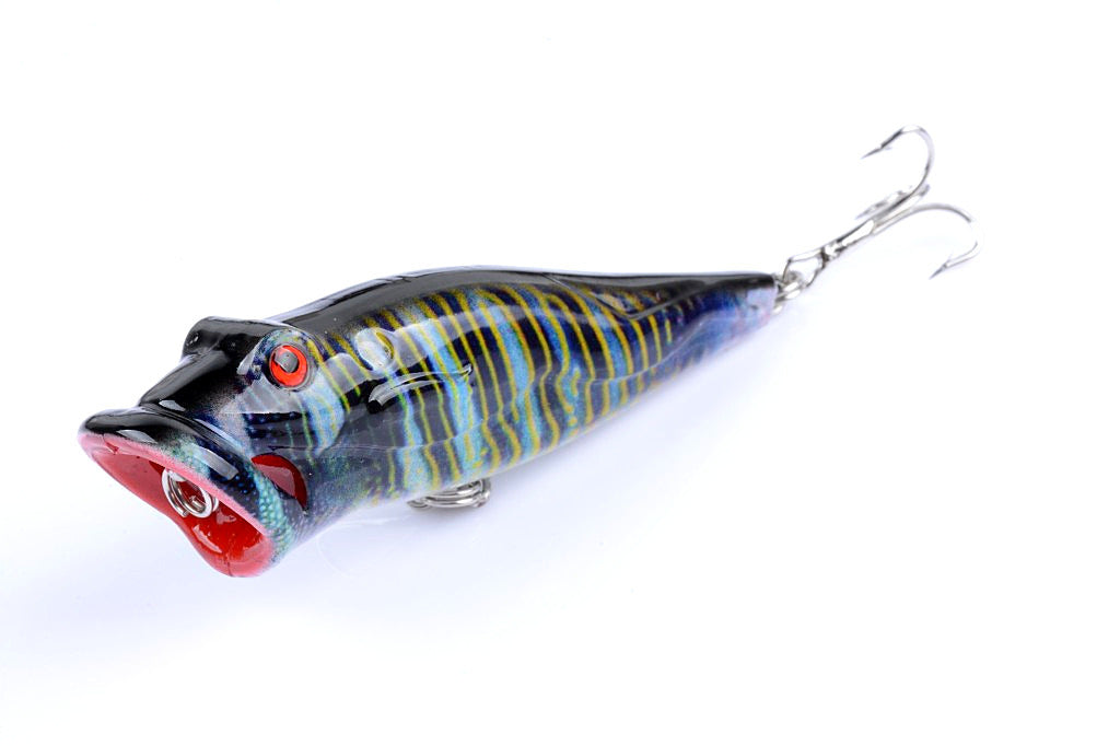 Five colorful 8cm popper fishing lures with sharp hooks, designed for effective surface fishing in both saltwater and freshwater.