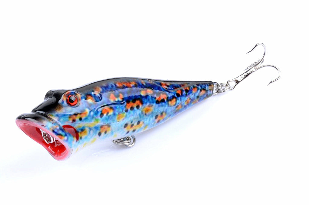 Five colorful 8cm popper fishing lures with sharp hooks, designed for effective surface fishing in both saltwater and freshwater.