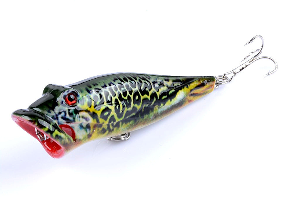 Five colorful 8cm popper fishing lures with sharp hooks, designed for effective surface fishing in both saltwater and freshwater.