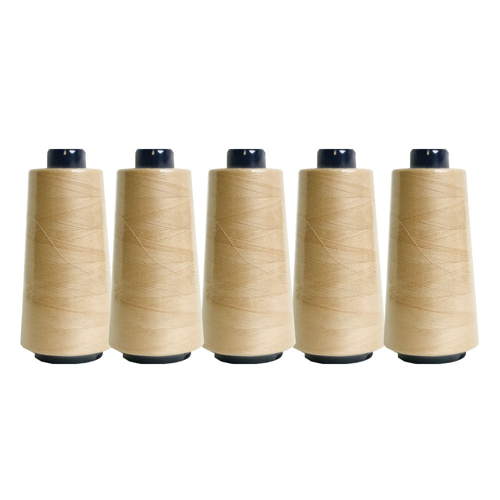 Five spools of beige sewing overlocker thread, each 2000m long, showcasing high-quality polyester material for durable sewing projects.