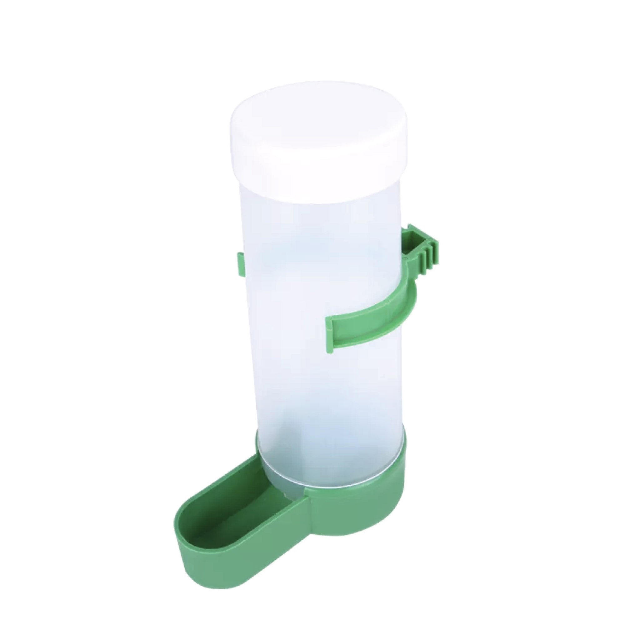 Five automatic bird cage food dispensers for parrots and budgies, made of durable plastic in green and clear colors.