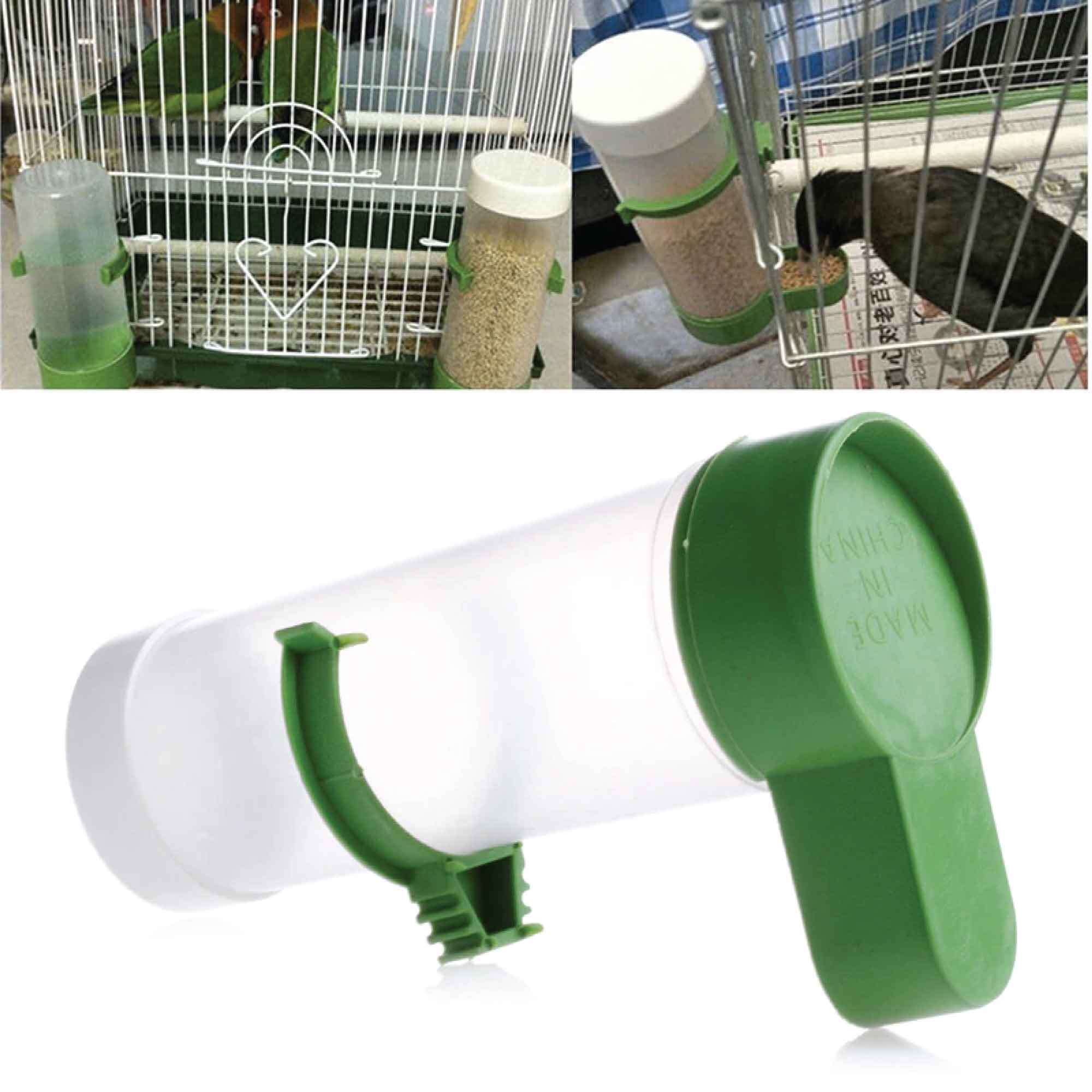 Five automatic bird cage food dispensers for parrots and budgies, made of durable plastic in green and clear colors.