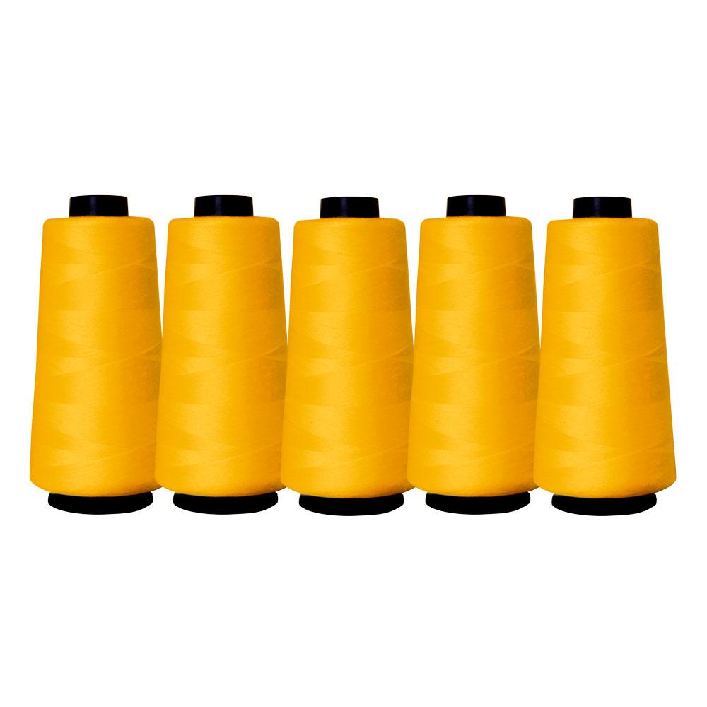 Five spools of gold yellow Hemline sewing overlocker thread, each 2000m long, showcasing high-quality polyester material.
