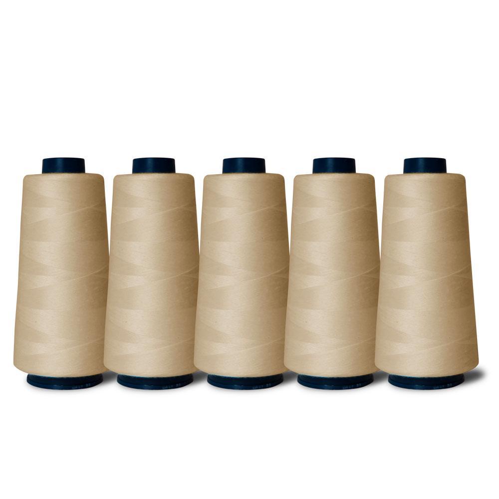 Five spools of 2000m Hemline Natural Sewing Overlocker Thread in various colors, showcasing high-quality polyester material.