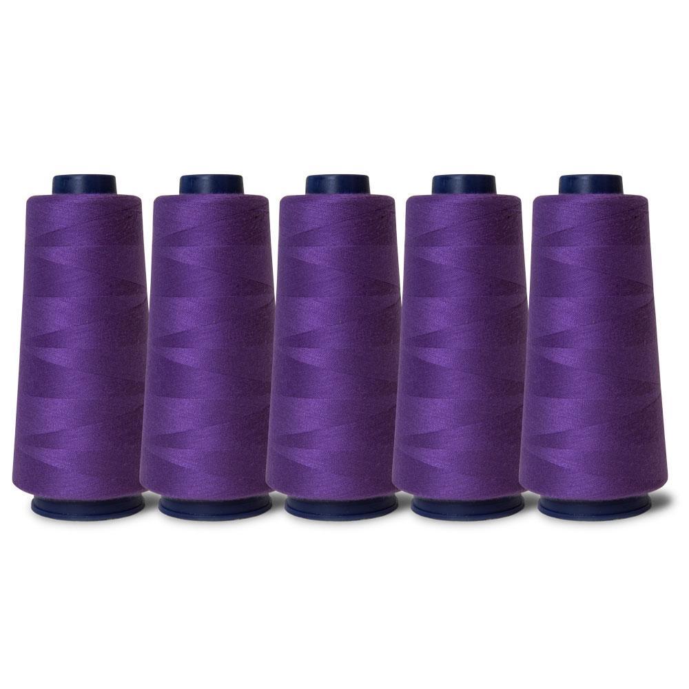 Five spools of purple Hemline sewing overlocker thread, each 2000m long, showcasing high-quality polyester material.