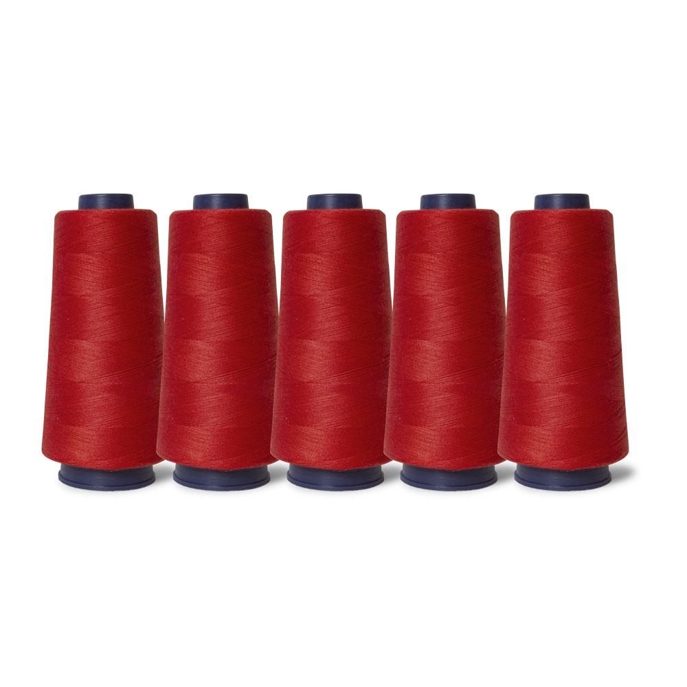 Five spools of red Hemline polyester overlocking thread, each 2000m long, displayed together for sewing projects.