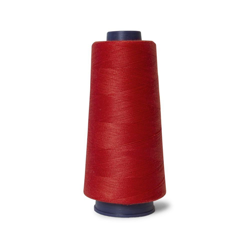 Five spools of red Hemline polyester overlocking thread, each 2000m long, displayed together for sewing projects.
