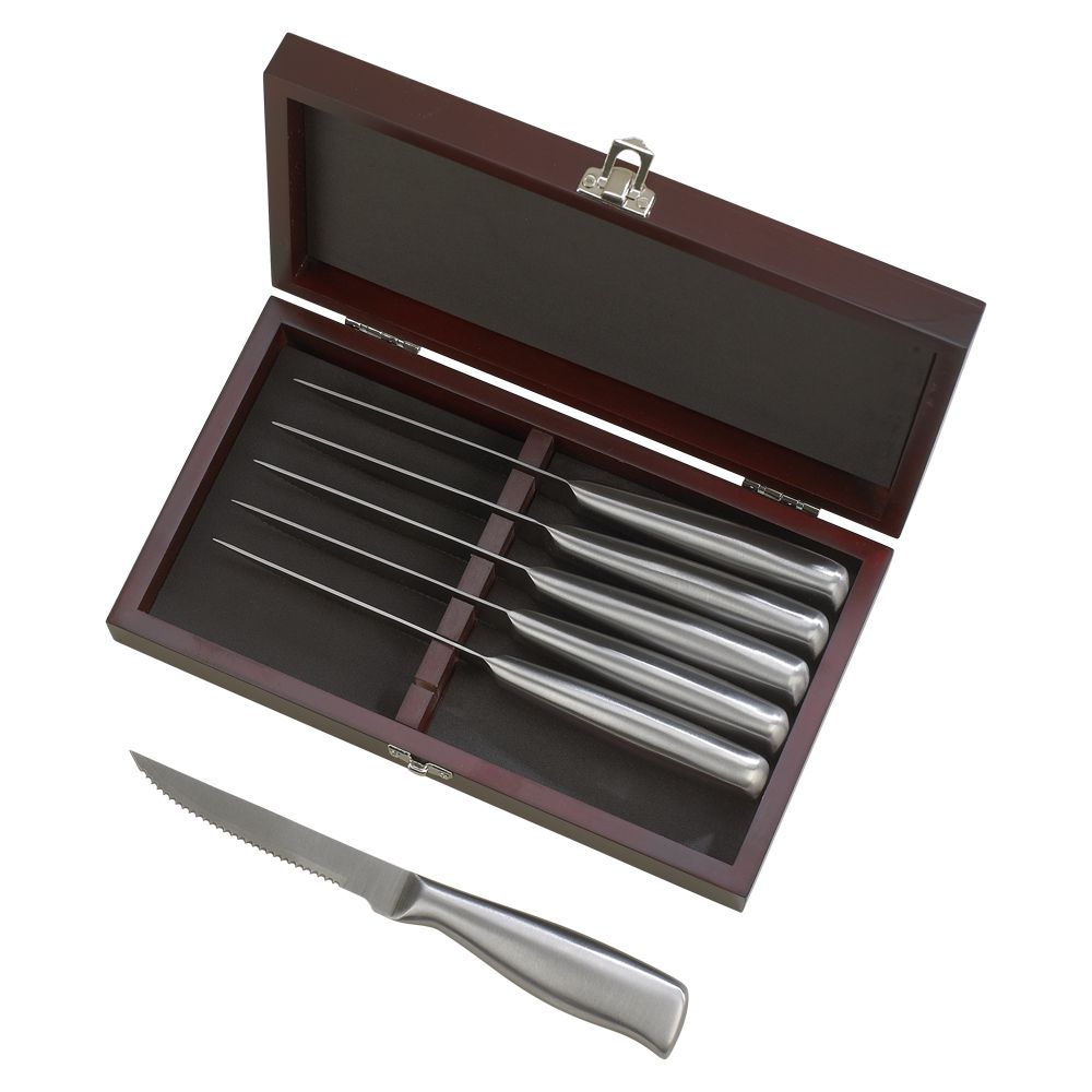 A 6 Piece Steak Knife Set displayed in a hinged rosewood case, showcasing stainless steel serrated knives.