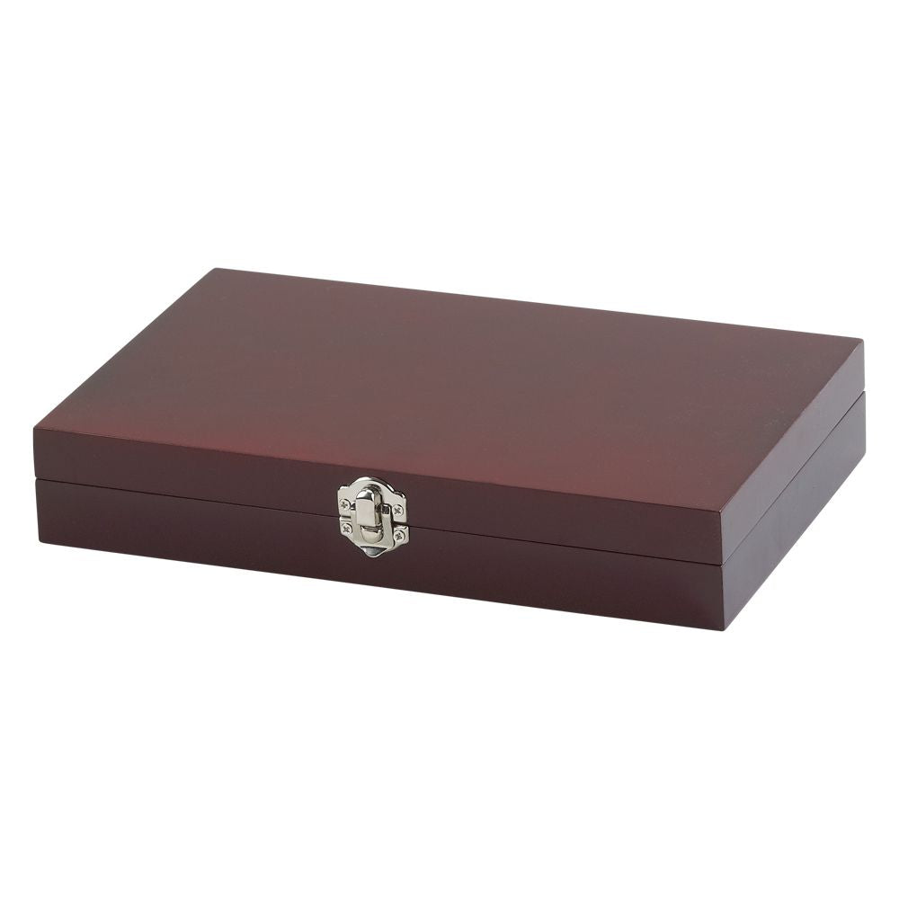 A 6 Piece Steak Knife Set displayed in a hinged rosewood case, showcasing stainless steel serrated knives.