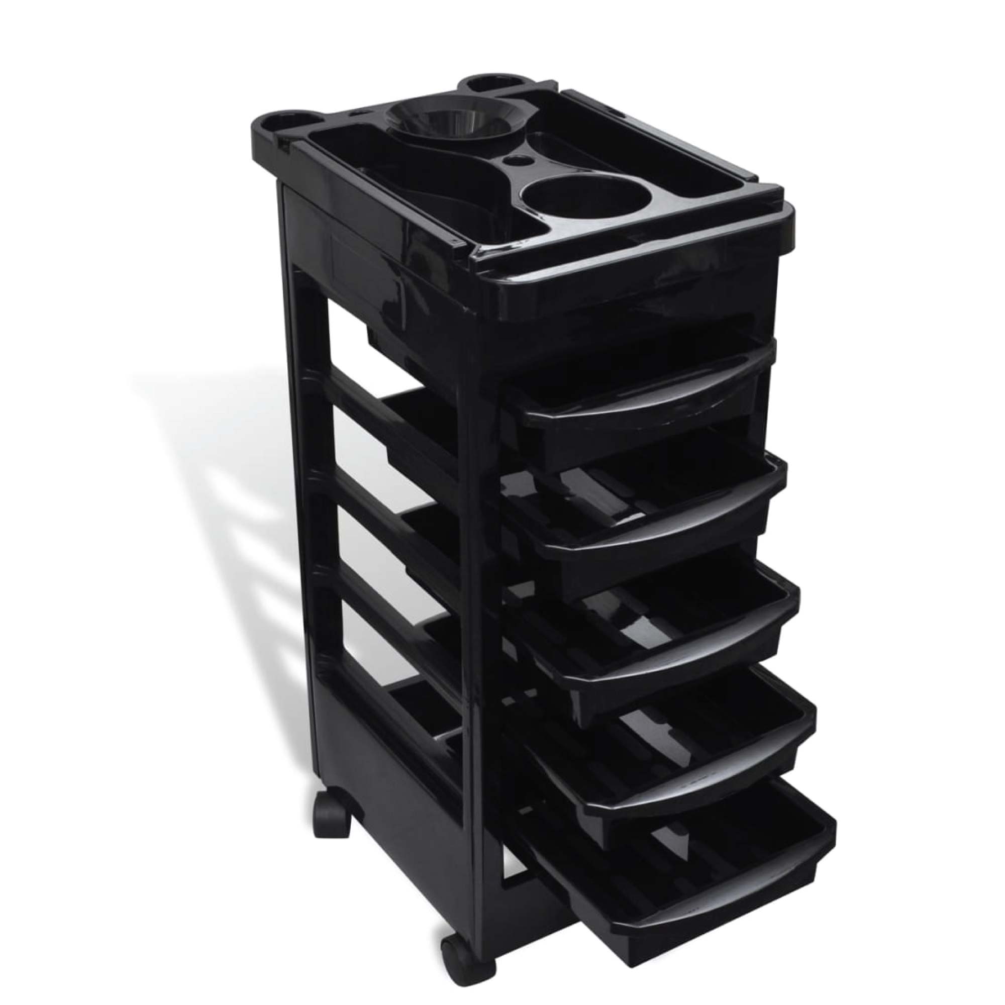 6 Tier Hairdressing Trolley in black, featuring multiple drawers and a segmented top shelf for salon use.