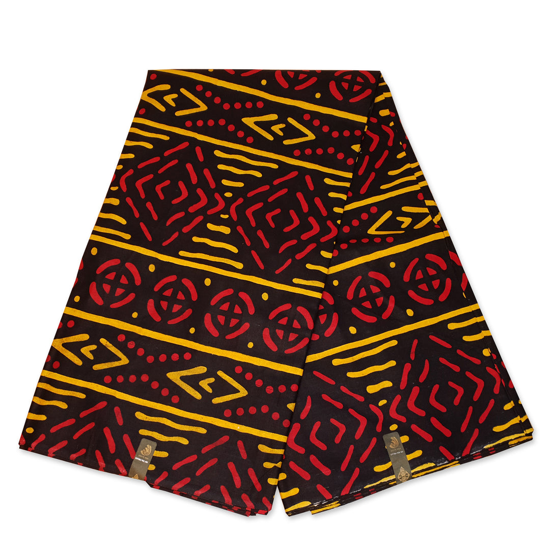 6 Yards of African Print Mudcloth Bogolan Inspired Print Fabric showcasing vibrant patterns and colors, made from 100% Ankara Wax Cotton.