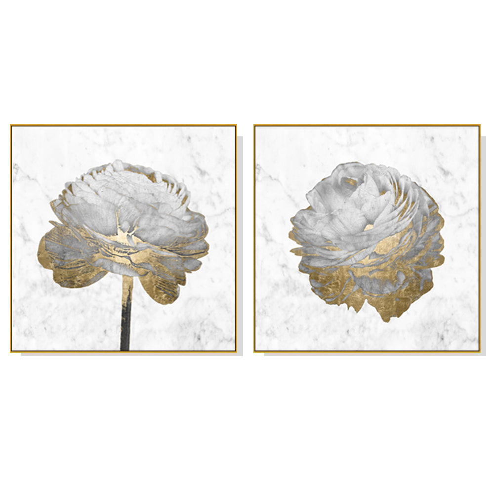 60cmx60cm canvas art featuring gold and white blossoms on a white background, framed in a stylish floating frame.